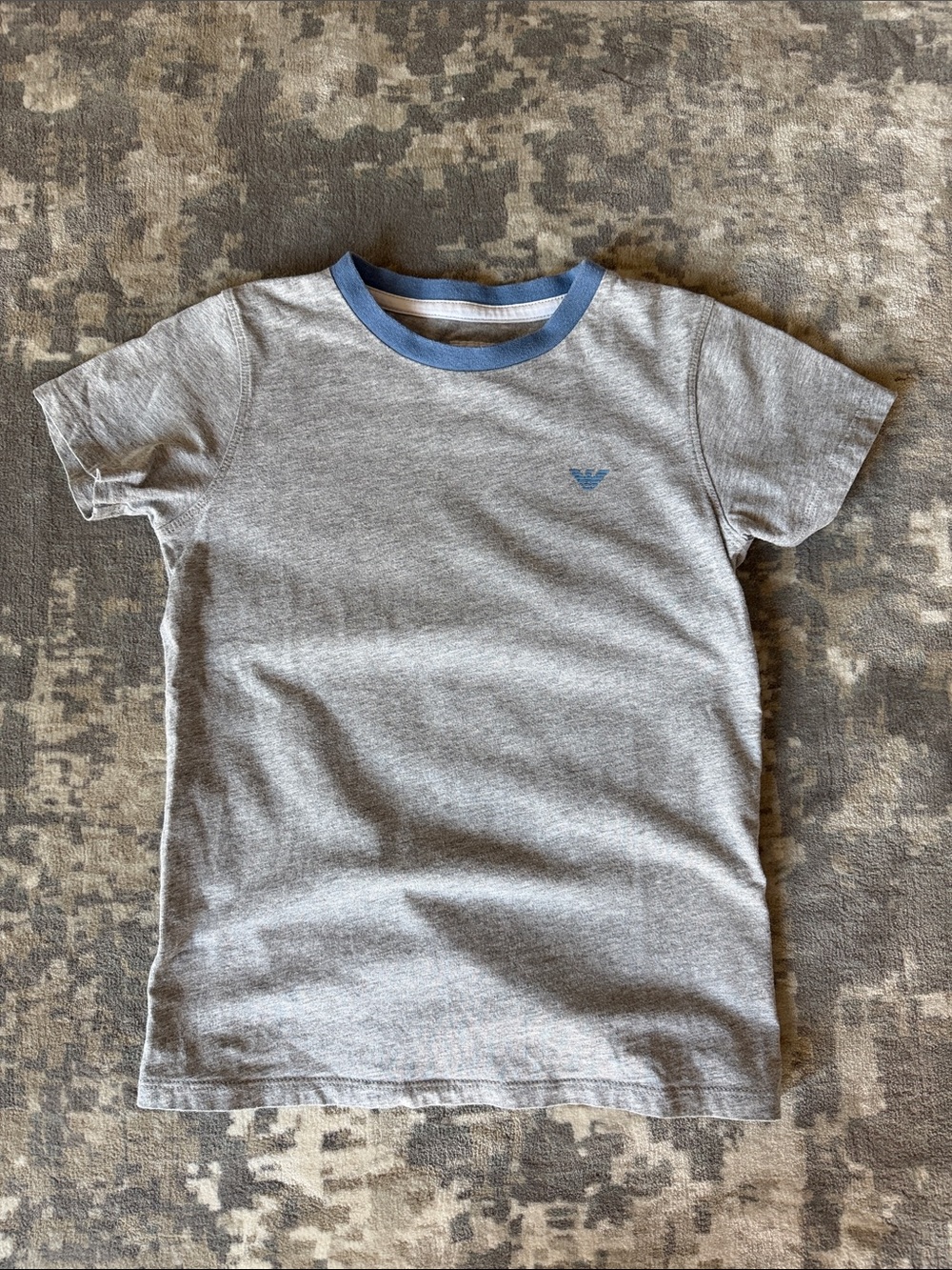 Boy’s Armani Junior Short-Sleeve Heather Gray Tee with Blue Neck Trim, Size 7